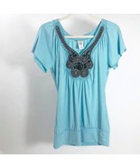 Daytrip Blue Women&#39;s Short Sleeve Enmbellished Neckline Top Size Small - $10.88