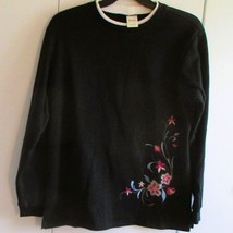 Blair Womens L Black Sweatshirt With Embroidered Poinsettias HolidayDesi... - $9.90