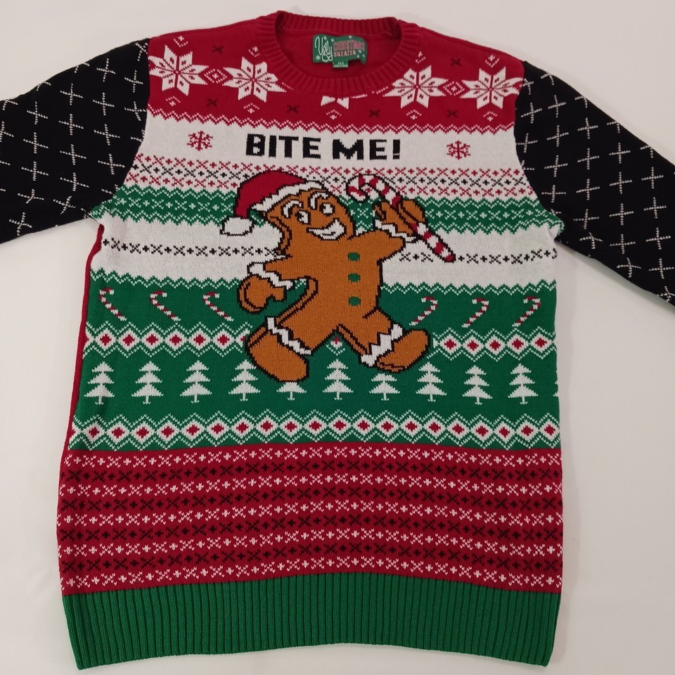 Ugly Christmas Sweater Men's Size Large Bite Me Gingerbread Man Red Pullover Item image 10