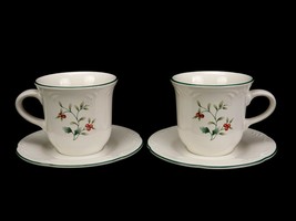Set of 2 Pfaltzgraff Porcelain Cups &amp; Saucers, Winterberry Holly &amp; Mistletoe - £15.44 GBP