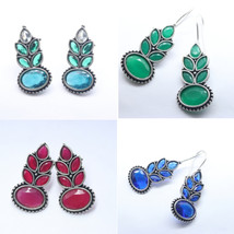 4 Earring Set Pink green Blue and multi german silver Earring Leaf Shape Jewelry - £39.95 GBP