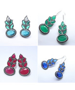 4 Earring Set Pink green Blue and multi german silver Earring Leaf Shape Jewelry - $49.99