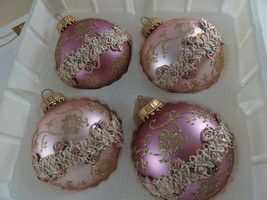 Krebs Christmas ornaments Light Rose Pink embossed floral &amp; Vtg trim Beautiful - £17.94 GBP