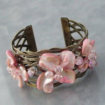 Vintage Sweet Pink Mother of Pearl Floral Bangle-Cuff - £19.08 GBP