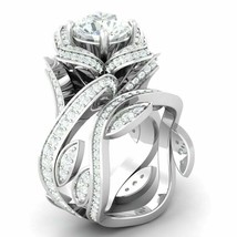 Lotus Bridal Ring Set 3.40Ct Round Simulated Diamond 925 Sterling Silver Size 9 - £132.98 GBP