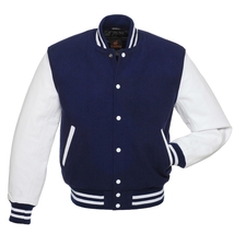 Letterman Varsity Bomber Baseball Jacket Navy Blue Body &amp; White Leather Sleeves - £90.24 GBP