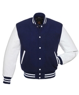 Letterman Varsity Bomber Baseball Jacket Navy Blue Body &amp; White Leather ... - £88.50 GBP