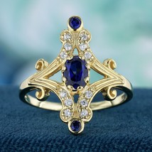Natural Blue Sapphire and Diamond Vintage Style Cocktail Ring in Solid 9K Gold - £1,174.70 GBP