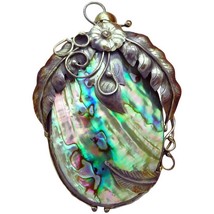 Vintage Sterling Silver Huge Abalone Flower Leaves &amp; Feather Motif Pendant - $199.00