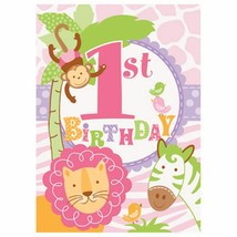 1st Birthday Pink Safari 8 Invitations with Envelopes Animals Monkey - £2.21 GBP