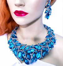 Aqua Necklace Set, Rhinestone Necklace Earrings, Bridesmaid Crystal Jewelry - £82.24 GBP