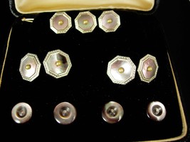 Rolled Gold Cufflinks Tuxedo set Vintage GROOM Krementz silver Seed pearl abalon - £379.69 GBP