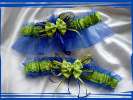 Royal Blue and Lime Organza Wedding Garter Set BB - $30.00