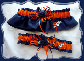 Denver Broncos Navy Satin Skinny Ribbons Flower Loaded Wedding Garter Set  - £31.97 GBP