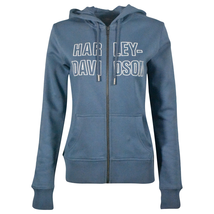 Harley-Davidson Women&#39;s Hoodie Blue Bar Font Embroidered Full Zip (S05) - £34.10 GBP