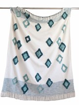 Chic Cream Cotton Throw Blanket with Eggshell Teal Tassels Soft Warm 175... - £37.30 GBP