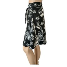 Merona Linen Floral Skirt Sz 2 Tie Waist A Line Cottage Knee Length Blac... - $24.73
