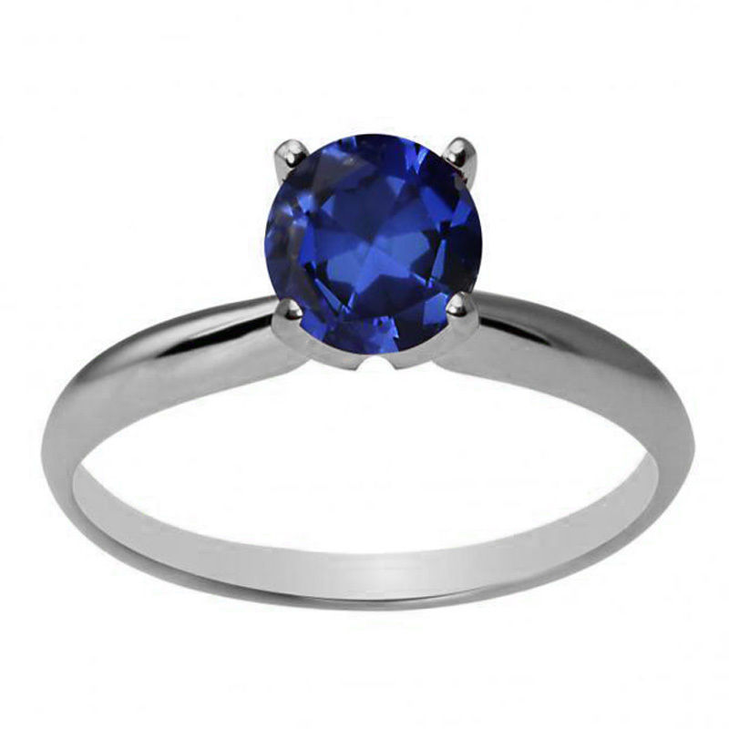 Primary image for Women's Stylish 14K WG 6mm Round Created Blue Sapphire Solitaire Ring All Sizes