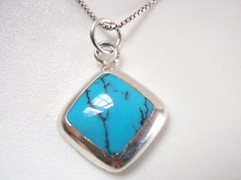 Small Blue Turquoise Square Necklace with Rounded Corners 925 Sterling Silver - £14.25 GBP