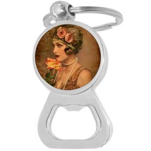 Vintage Flapper Girl Bottle Opener Keychain - Metal Beer Bar Tool Key Ring - £8.32 GBP