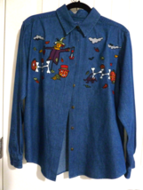 Karen Scott Halloween Embroidered Button Up blouse size Medium Denim Vin... - $19.79