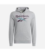 Reebok Identity Hoodie Grey Plum Size 2XL Fleece Stacked Logo Pullover Mens - €25,75 EUR