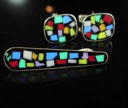 Sterling Mosaic Cufflinks vintage mid century modern Fabulous colors dapper fash - £195.84 GBP