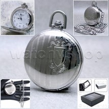 Silver Tone Pocket Watch Brass Case 42 MM for Men Arabic Numbers Fob Chain P84 - £17.57 GBP