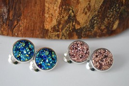 Sparkly clip on earrings with blue and rosegold druzy, Girls clip on earrings bl - £17.32 GBP