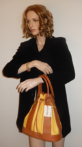 VALENTINA ITALIAN LEATHER DRAWSTRING BUCKET BAG IN YELLOW/ TAN NWT - $179.99