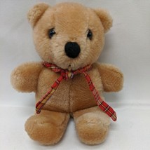 Vintage 5&quot; Dakin Light Brown Teddy Bear Plush With Colorful Plaid Bow - £17.45 GBP