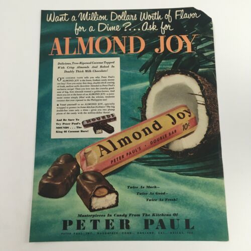 1950 Peter Paul Almond Joy Double Bar Coconut Chocolate Vintage Print Ad - $8.50