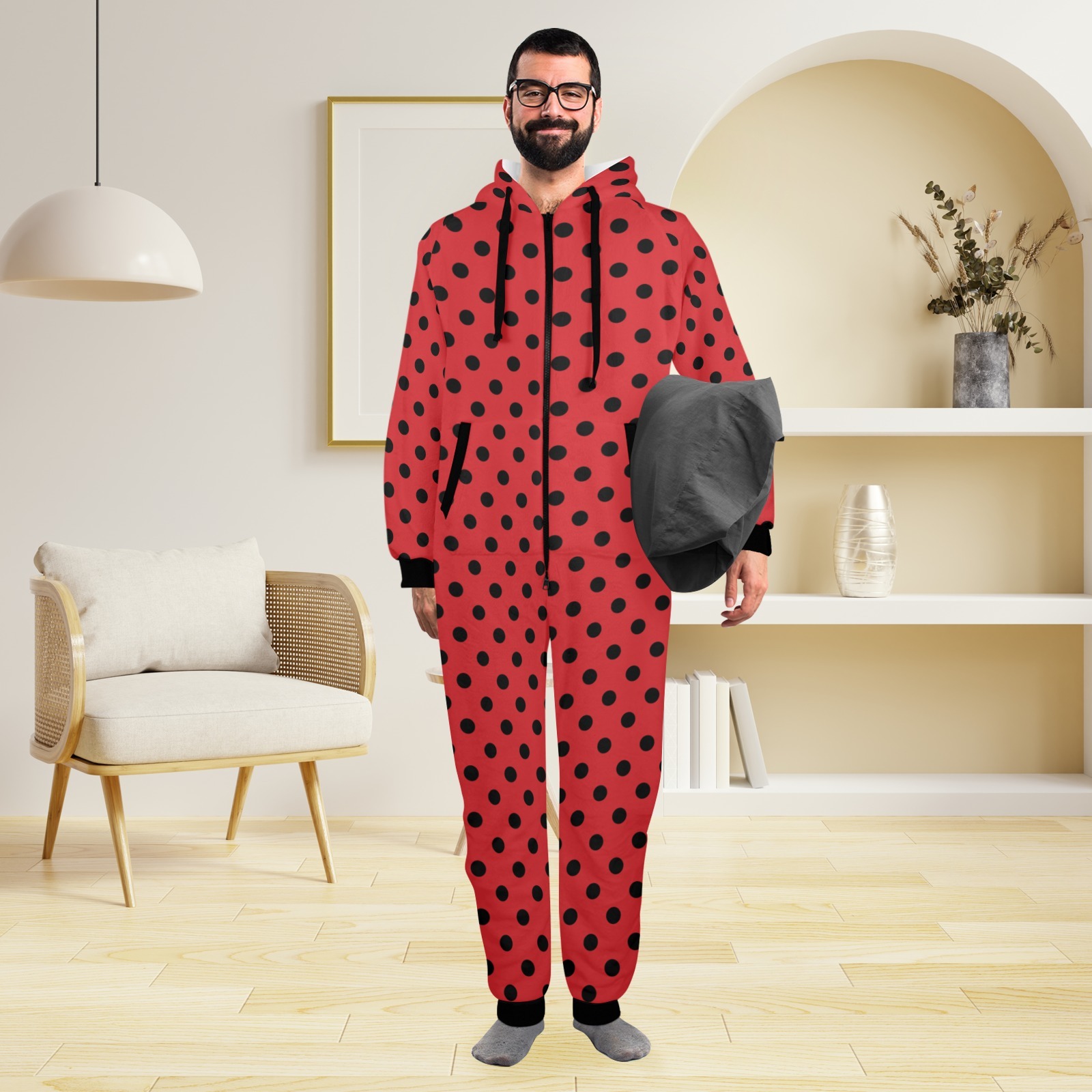 Primary image for Lady Bug Polkadot Black Red Flannel Hooded Onesie Pajamas For Adults