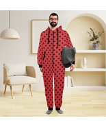 Lady Bug Polkadot Black Red Flannel Hooded Onesie Pajamas For Adults - £47.25 GBP