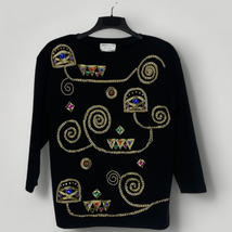 Vintage Catharine Lover Wool Top Embellished Beaded Rhinestone Black Small  - £60.91 GBP