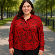 Jones New York Signature Woman Candy Red Snake Print Blouse 1X Button Do... - €20,56 EUR