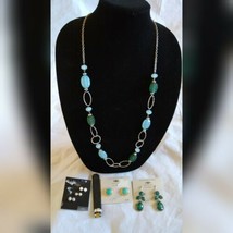 Fashion Jewerly Blue Silver Green Earrings Long Necklace Ring Set Holiday Gift - £23.95 GBP