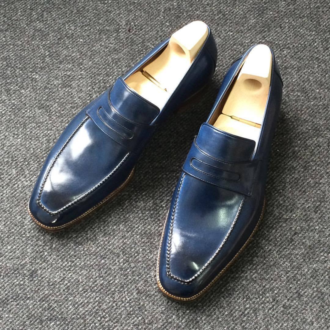 Handmade Shoes Penny Moccasin Loafer Slips On Blue Casual Wear Premium Leather