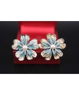 Vintage 925 Sterling Silver Enamel Flower Clip-On Earrings with Genuine ... - $60.00