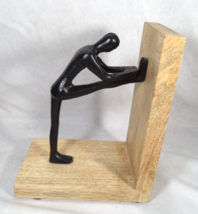 Brutalist Black Wrought Iron Metal Man Stretch Push Pose Bookend Rustic ... - $16.78