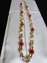 Fashion pretty gold tone white pearl faux clear &amp; red multi color Neckla... - £16.52 GBP