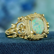 Natural Opal Vintage Style Cocktail Filigree Ring in Solid 9K Yellow Gold - £557.53 GBP