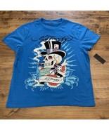 Ed Hardy T Shirt Men XL Y2K Rhinestone Punk Skull Dice Spell Out Capri Blue - $32.50