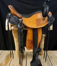 Western seat saddle 16&quot; on Eco-leather buffalo Tan with black on drum dye - £392.52 GBP