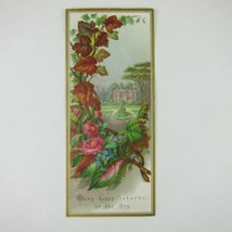 Victorian Greeting Card Georgian House Mansion Pink Flowers Leaves Happy... - $9.99