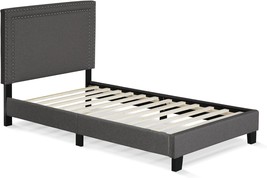 Stone-Colored Twin-Size Double Row Nail Head Upholstered Platform Bed Frame By - £108.53 GBP