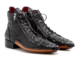 Paul Parkman Mens Shoes Boots Black Crocodile Textured Leather Handmade ... - $679.99