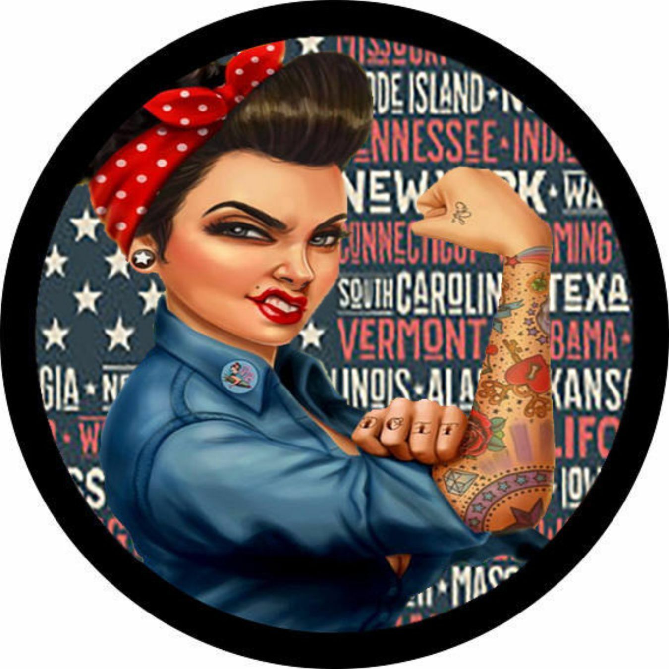 Primary image for Rosie the Riveter with states Spare Tire Cover ANY Size, ANY Vehicle, Camper, RV