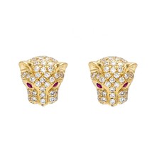 14K Jaune Plaqué Or Rond Coupe LC Moissanite Panthère Tête Boucles D&#39;Oreilles - £100.53 GBP