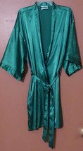 Turquaz Linen Emerald Green Satin Short Robe Kimono Sleeves Pockets Tie S/M - £3.05 GBP